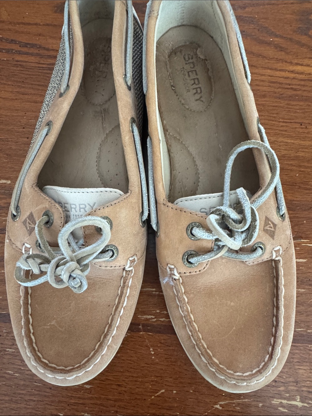 Sperry Light Brown Suede Boat Shoes with Gray Laces